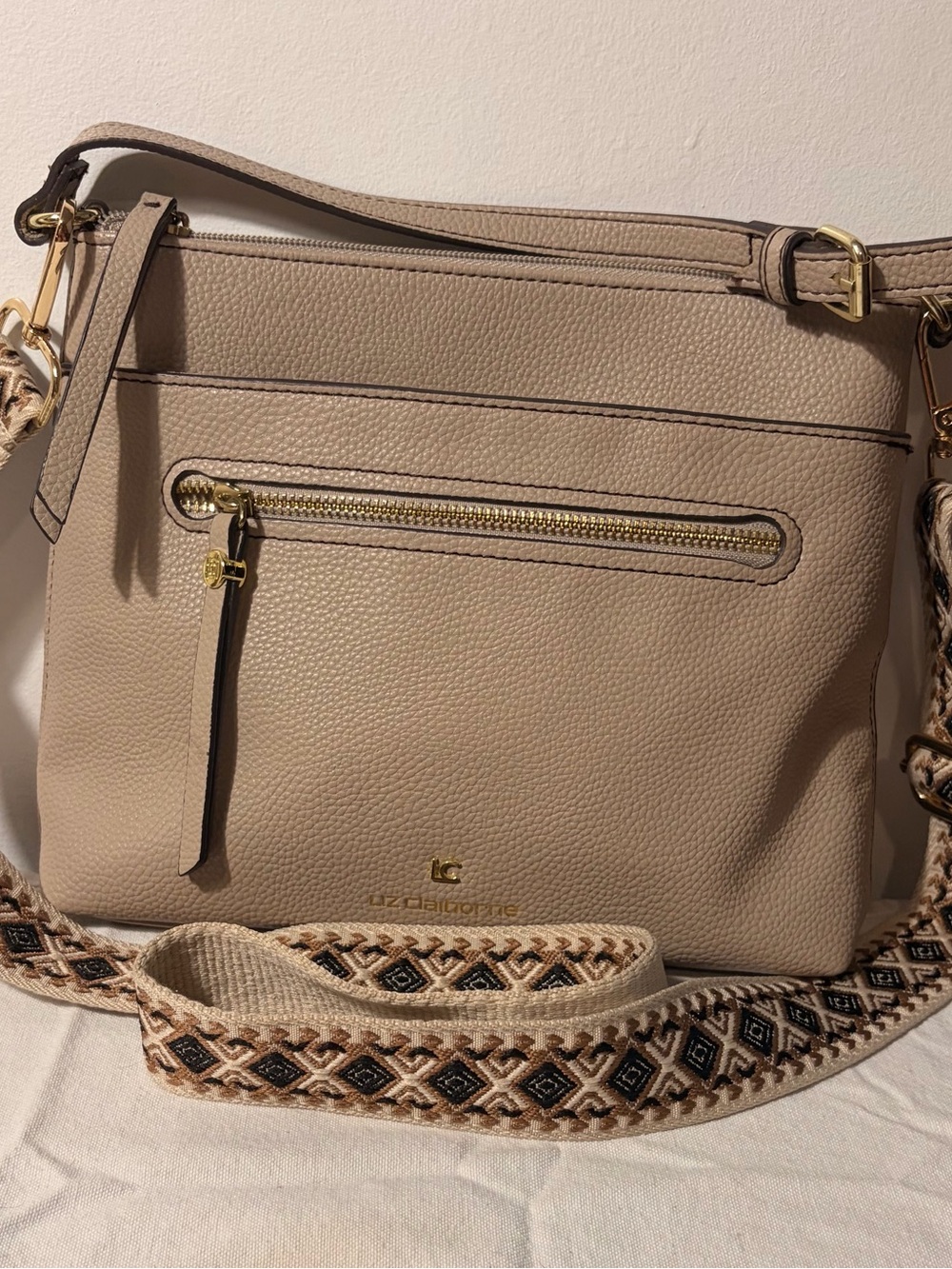 Liz Claiborne Taupe Pebbled Leather Crossbody with Patterned Strap